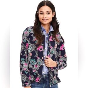 Banana Republic Bird Print Navy Floral Drapey Bomber Jacket, Full Zip, Lined, S